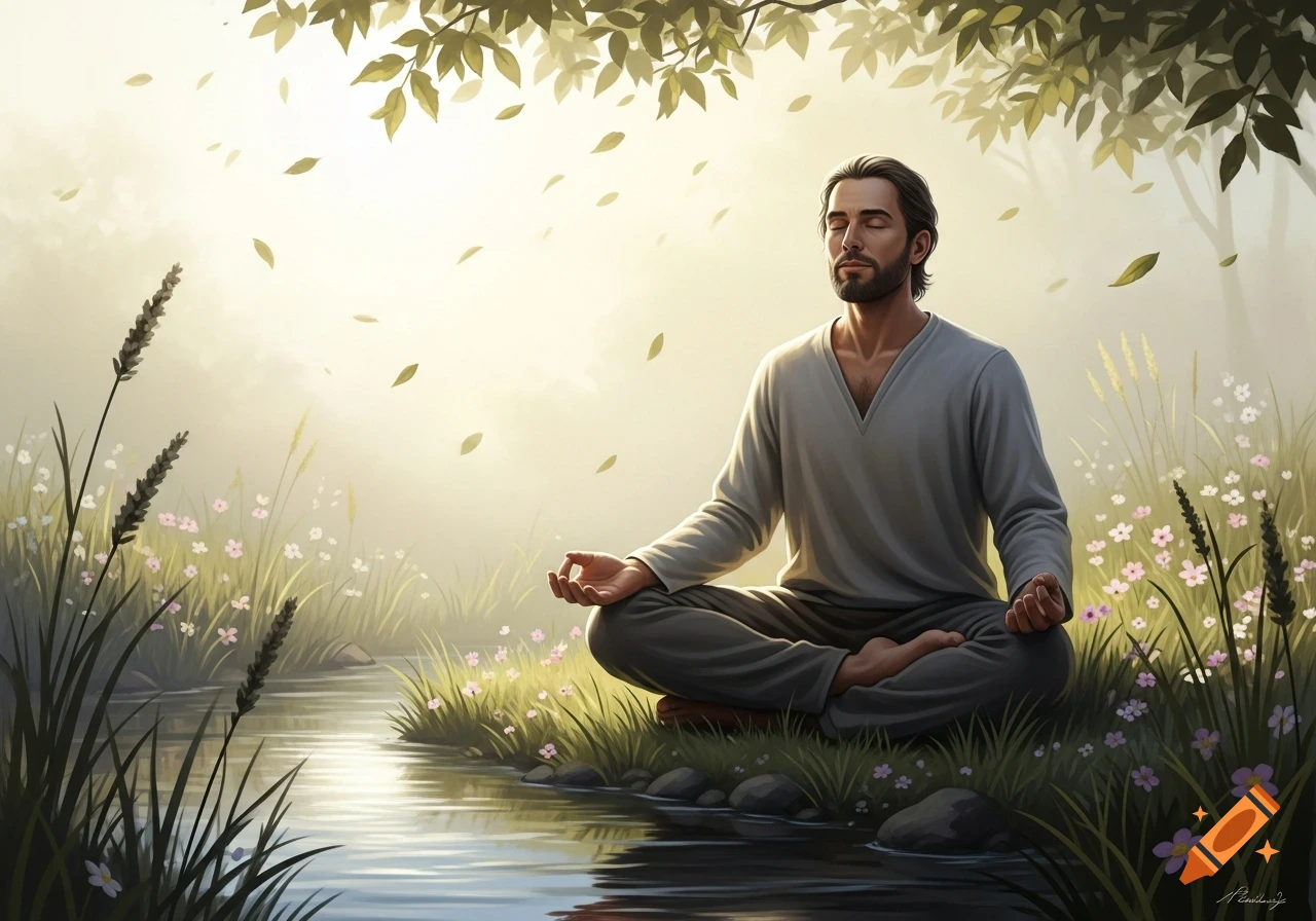 A man meditates peacefully by a calm stream in a serene, sunlit natural landscape with grass, flowers, and falling leaves.