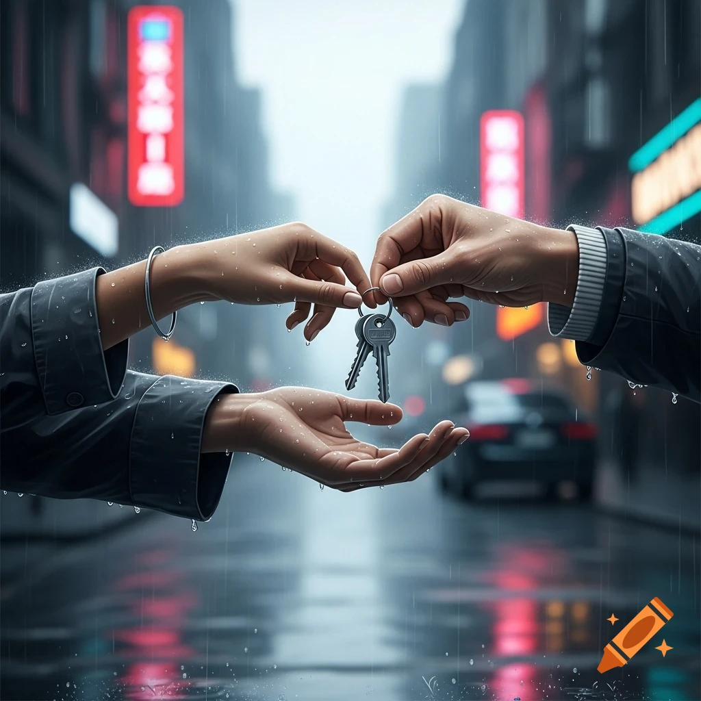 Two hands exchange a set of keys on a rainy city street, with blurred neon signs and car lights in the background.