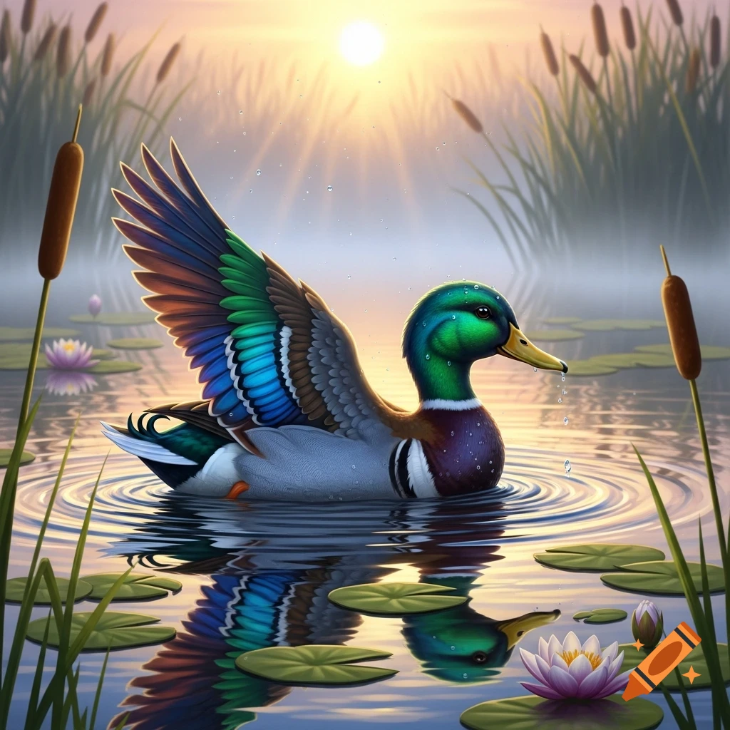 A colorful mallard duck with iridescent green head and blue-green wing feathers floats on a pond at sunrise, surrounded by lily pads and cattails.
