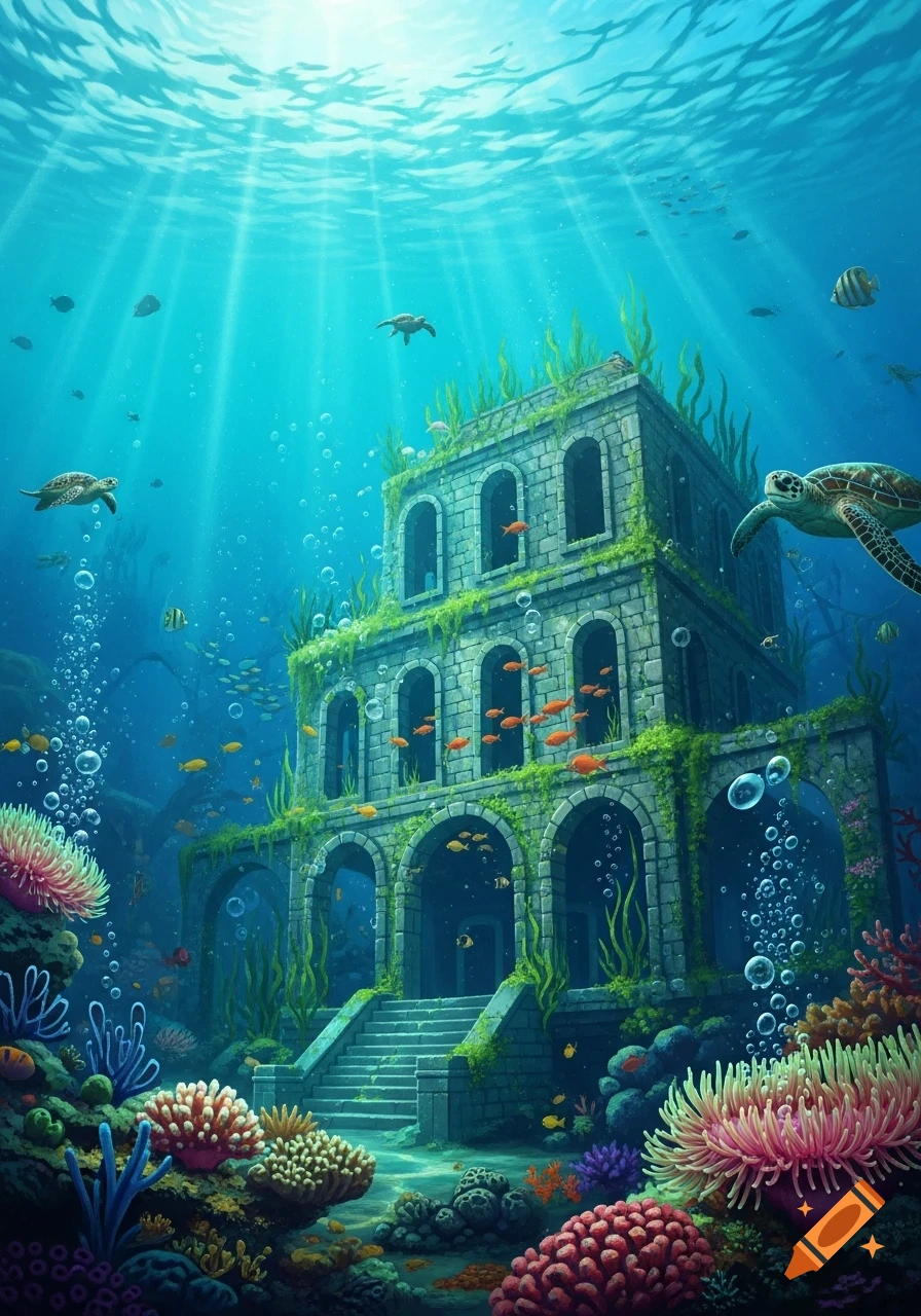 Vibrant underwater illustration of a submerged ancient building with coral, swimming turtles, and fish, with sun rays from above.