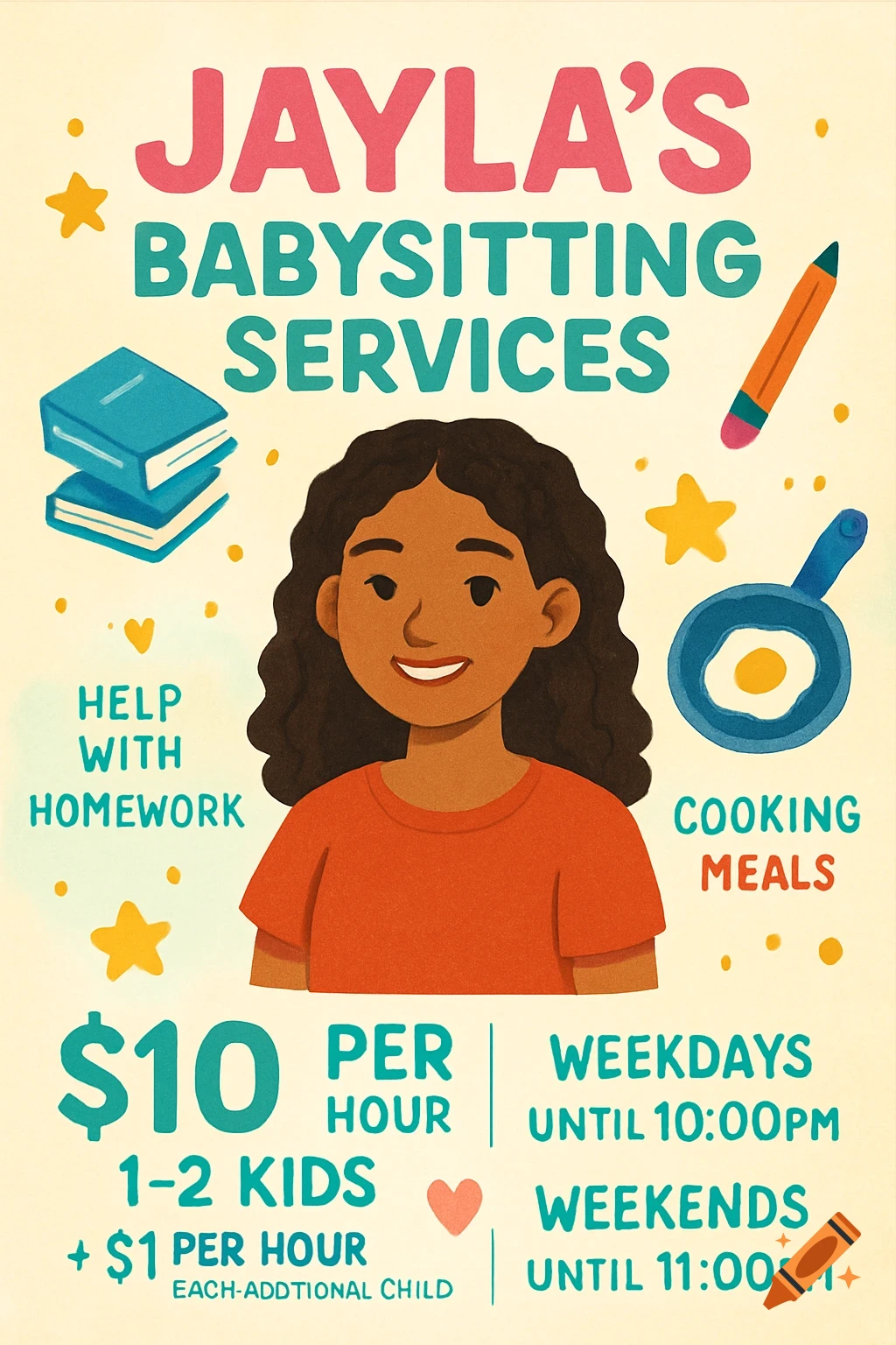 A colorful illustrated flyer for Jayla's Babysitting Services, featuring a smiling woman, books, a pencil, and a frying pan, detailing rates and hours.