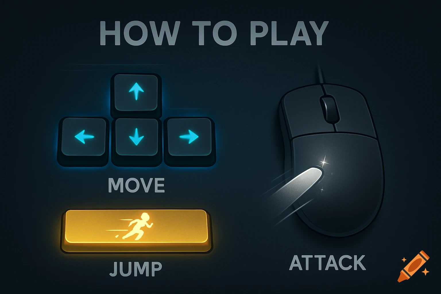 A graphic showing game controls: arrow keys for movement, a yellow button with a running icon for jump, and a mouse for attack.