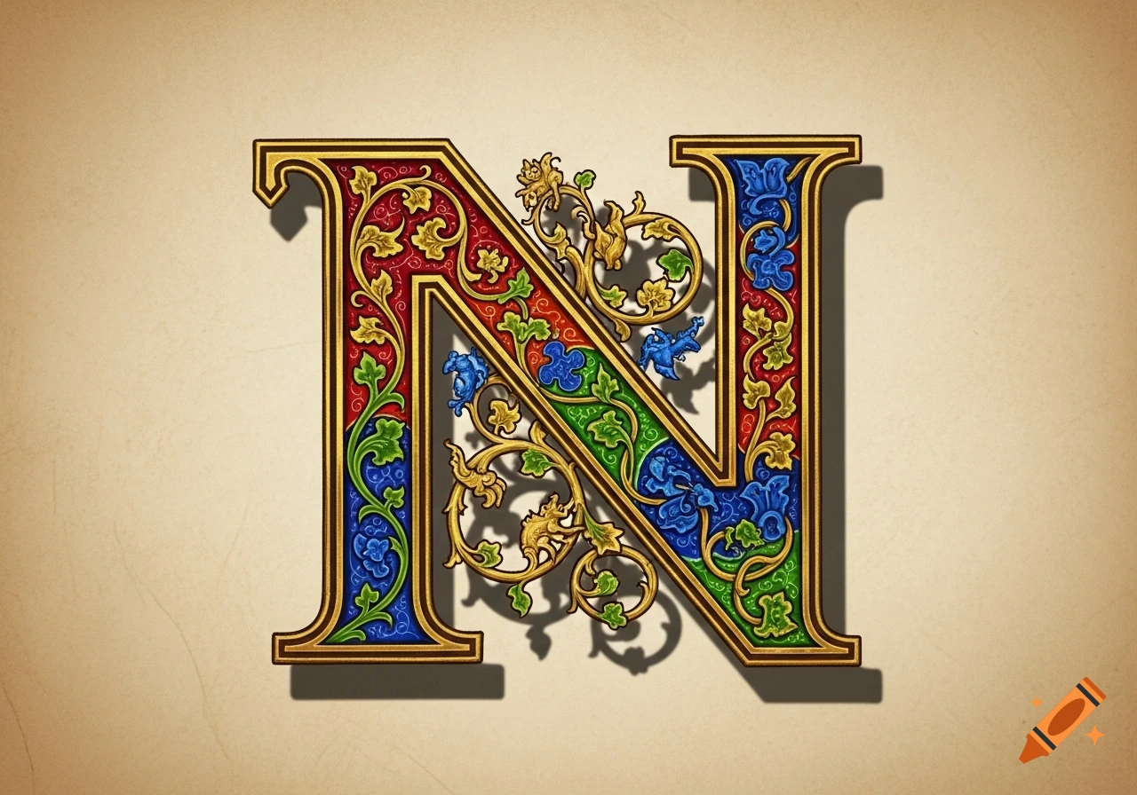 Ornate illuminated capital letter N with gold trim and colorful red, blue, green, and gold foliage on a textured beige background.