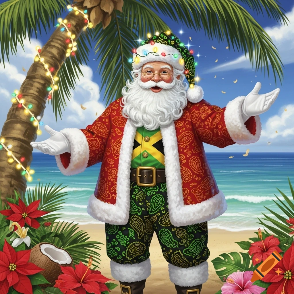 Smiling Santa Claus in a Jamaica-themed outfit with Christmas lights on a tropical beach, surrounded by palm trees and flowers.