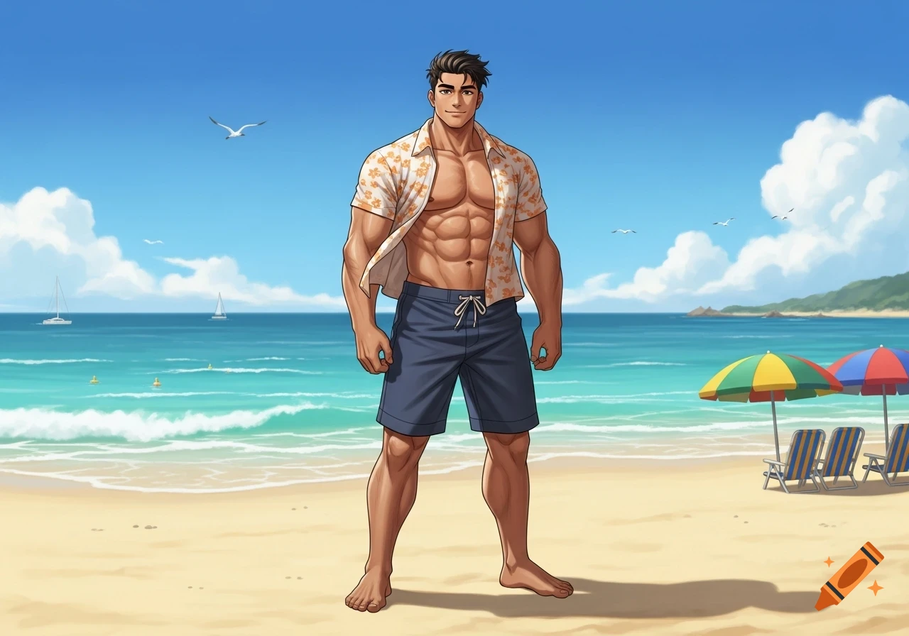 A muscular man with an open Hawaiian shirt and blue swim shorts stands on a sandy beach under a blue sky. Anime style.