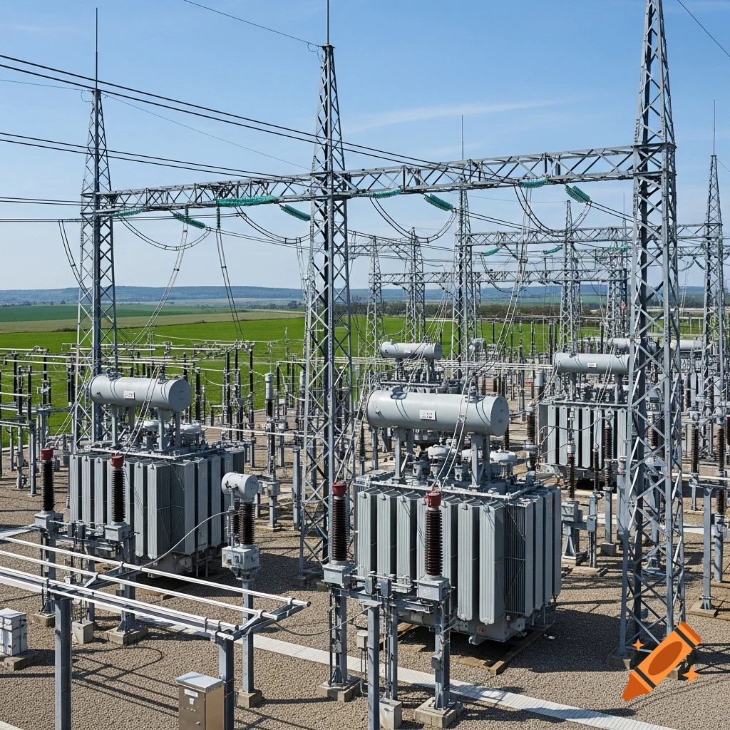 A large electrical substation with multiple transformers, power lines, and metal support structures under a clear blue sky, surrounded by green fields.