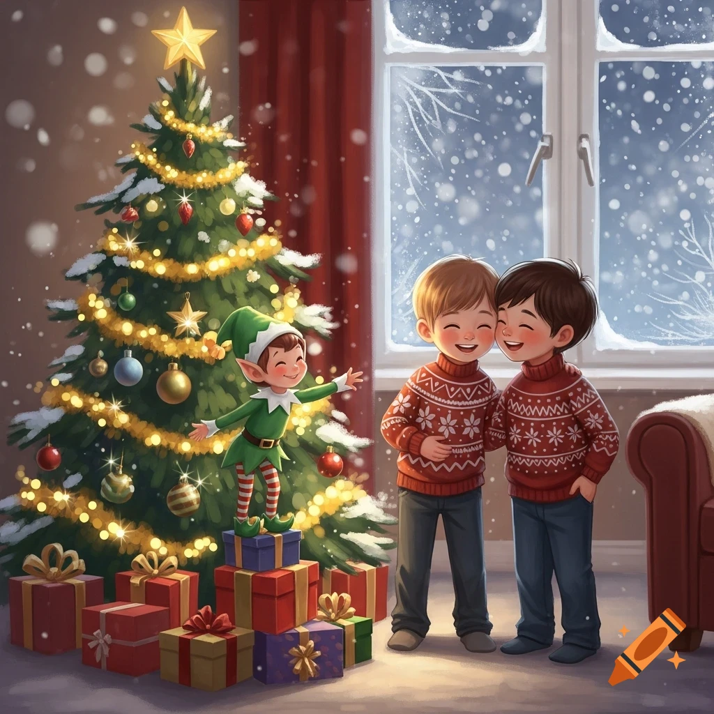 Two smiling boys in Christmas sweaters stand by a decorated Christmas tree with an elf on presents, as snow falls outside a window.