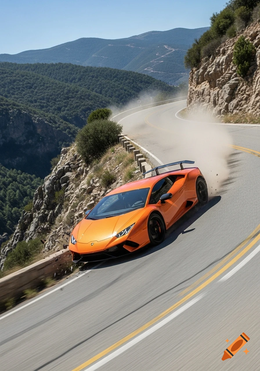 An orange Lamborghini sports car drifts on a winding mountain road, kicking up dust and debris against a backdrop of green mountains and a blue sky.