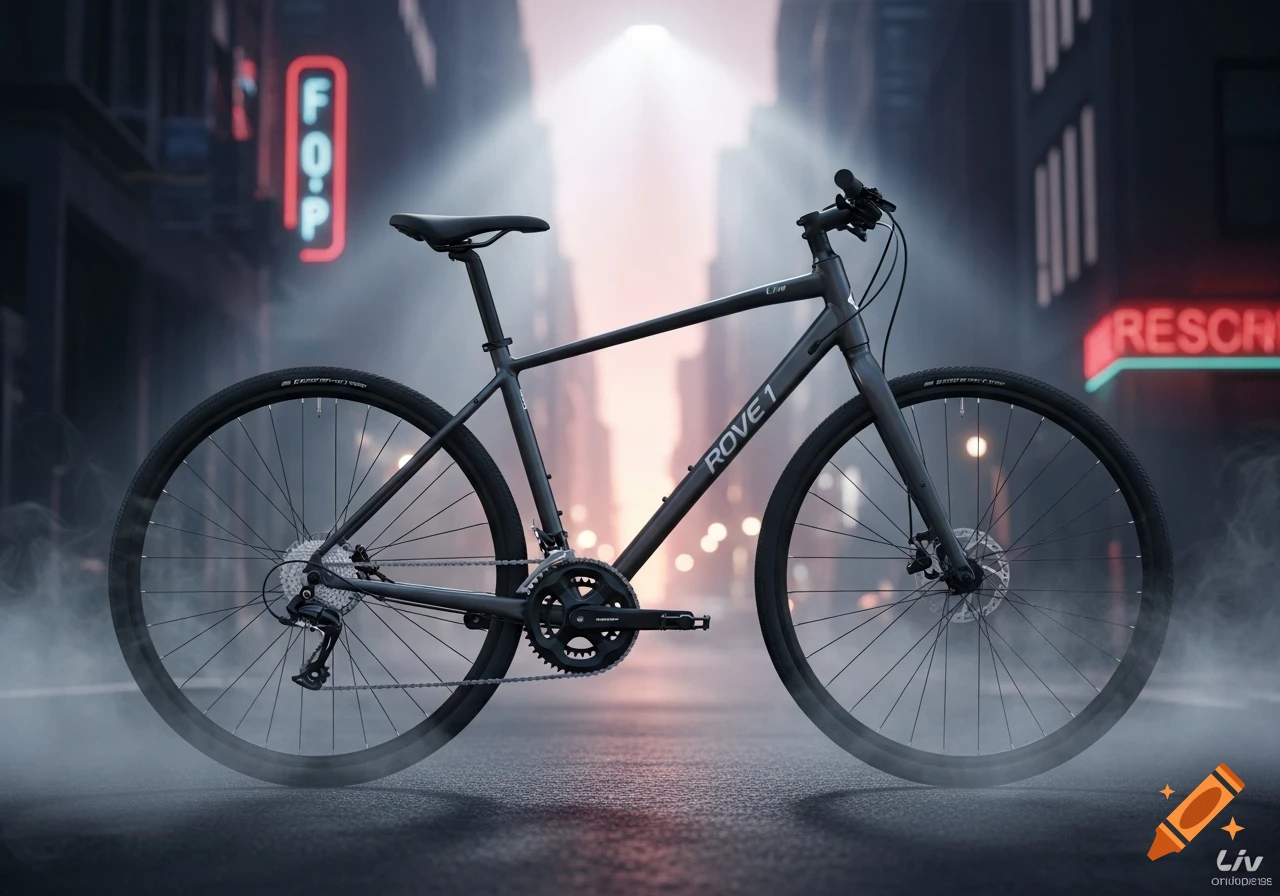 A black Liv Rove 1 flat bar bicycle stands on a wet street at night, with neon signs and blurred city lights in the background, surrounded by mist.
