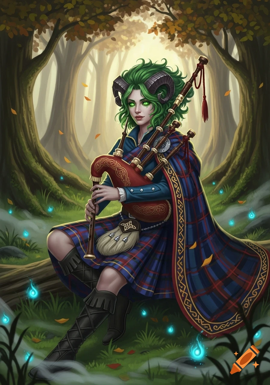 A horned female Tiefling with green hair and eyes plays bagpipes in an enchanted forest with glowing blue wisps, wearing a tartan kilt and cloak.