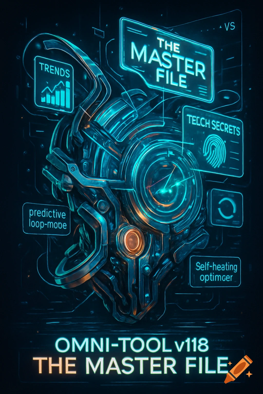 A neon blue and orange futuristic machine or user interface with glowing text labels for "THE MASTER FILE", "TRENDS", "TECCH SECRETS", and "OMNI-TOOL v118".