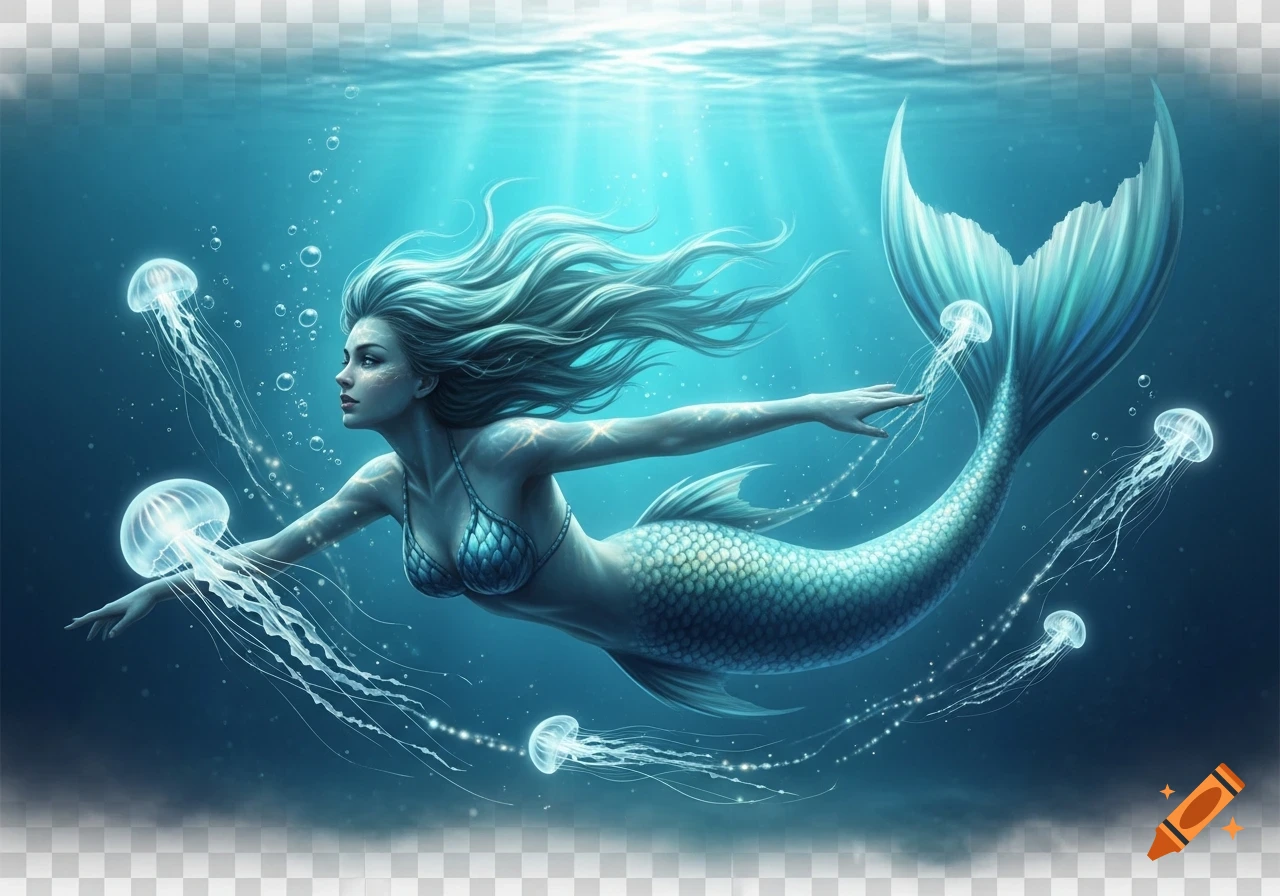 Digital art of a mermaid with flowing hair and a blue-green tail swimming underwater among glowing jellyfish in sunlit water.