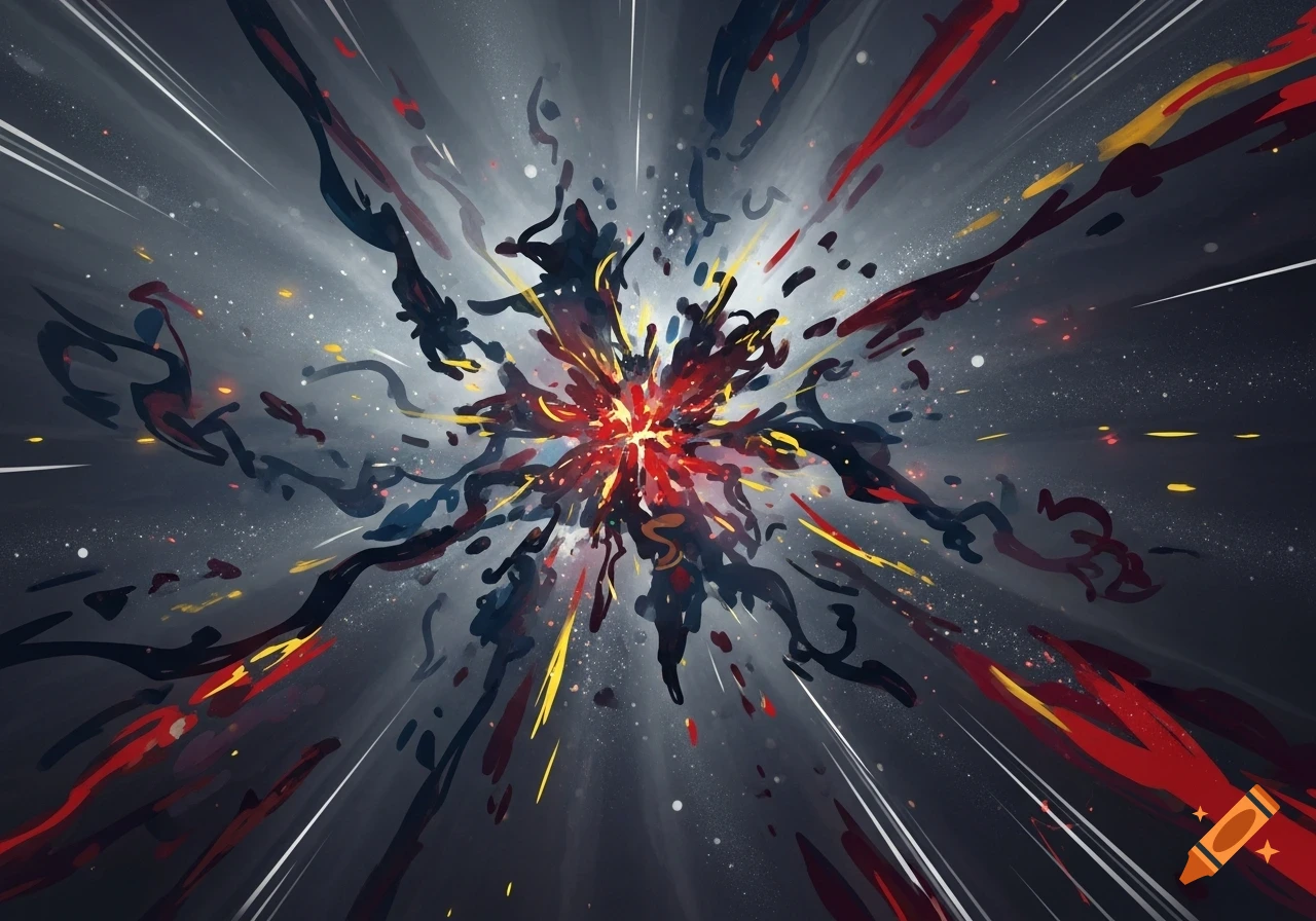 Abstract dynamic explosion of red, yellow, and black splatters from a bright center, with white speed lines on a dark background.