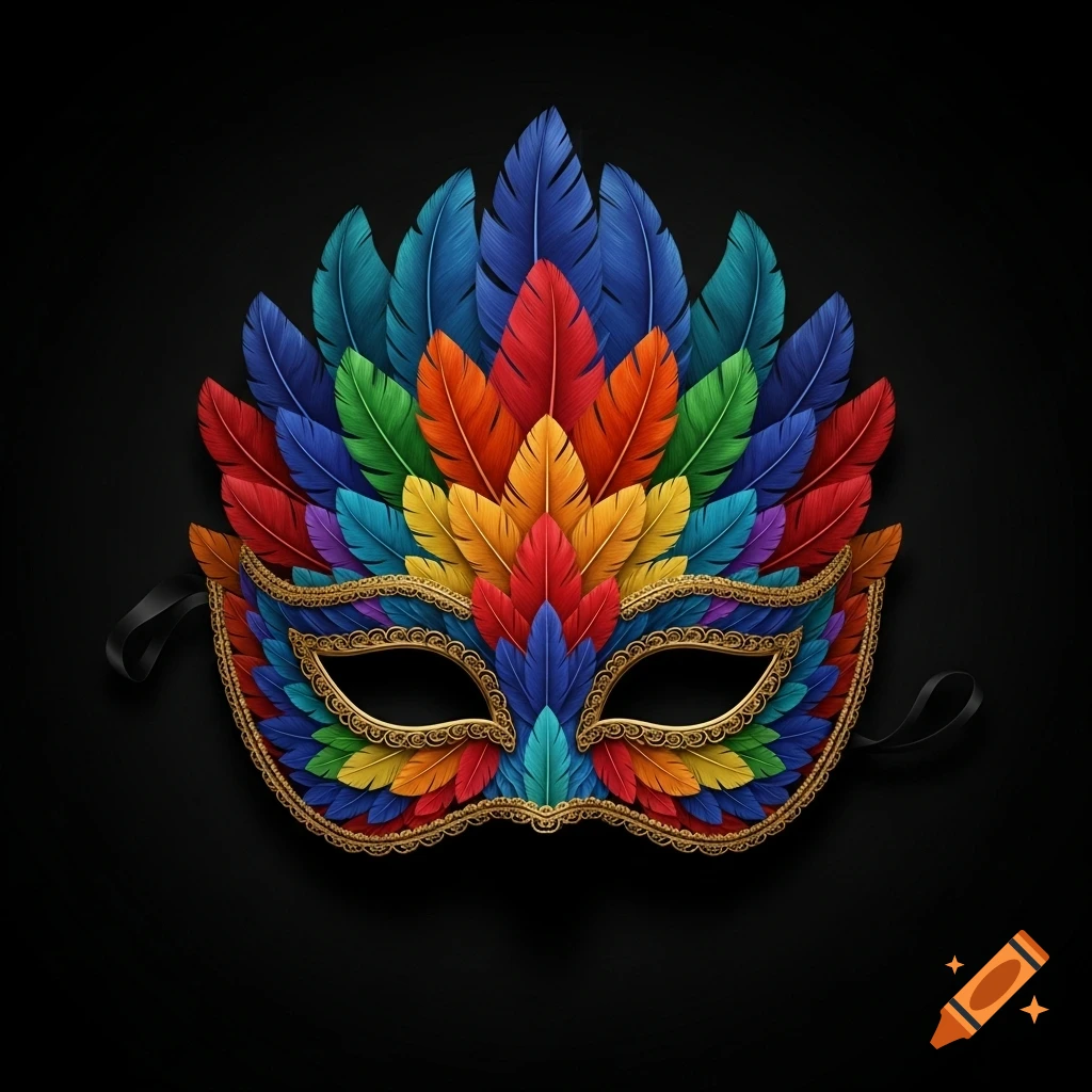 A vibrant feathered carnival mask with gold trim and a rainbow of colorful feathers against a black background.