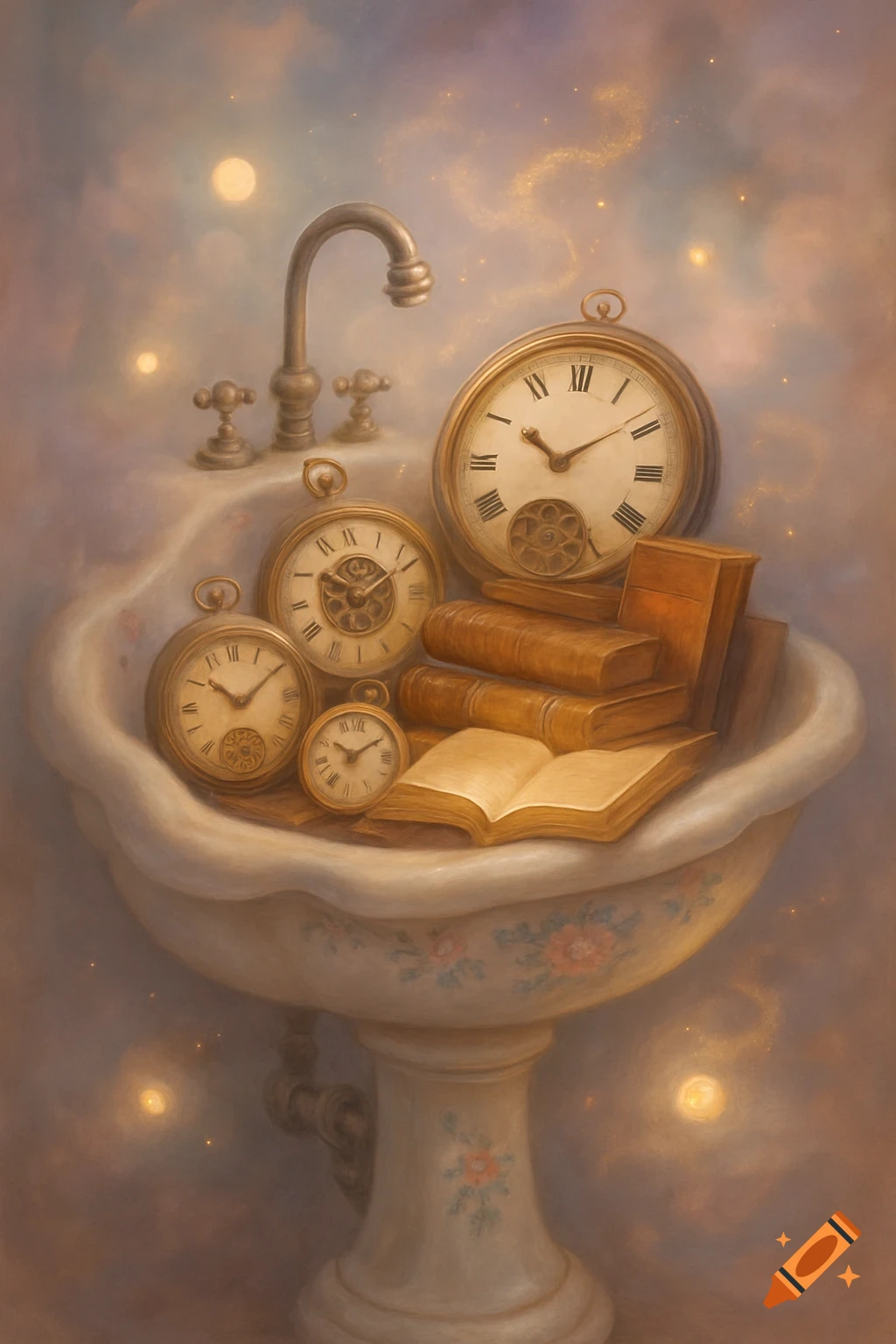 A dreamlike painting depicts antique clocks and old books spilling from a vintage sink, with glowing particles in a soft, cloudy background.