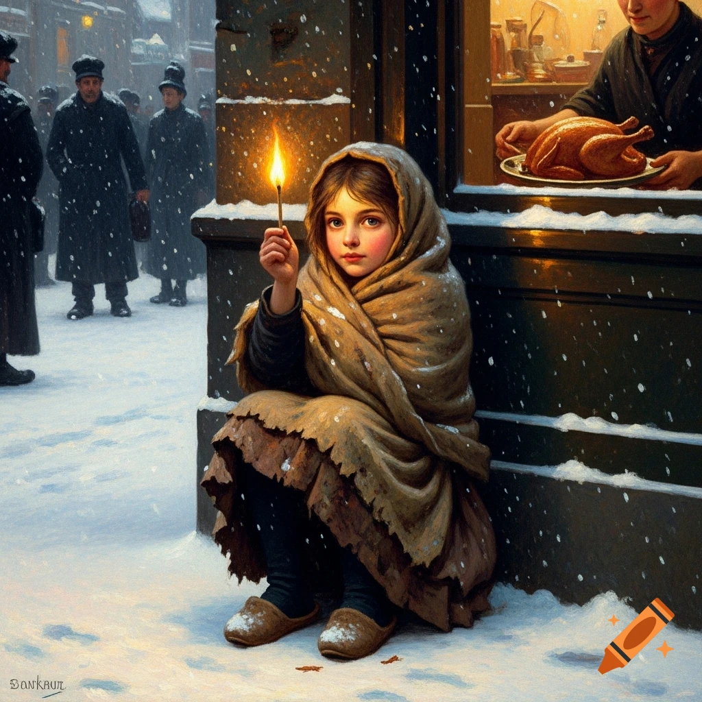 An impressionistic painting of a small, somber girl in a dirty dress and broken slippers, crouching in the snow with a burning match in her hand, looking towards a window displaying a roasted turkey.