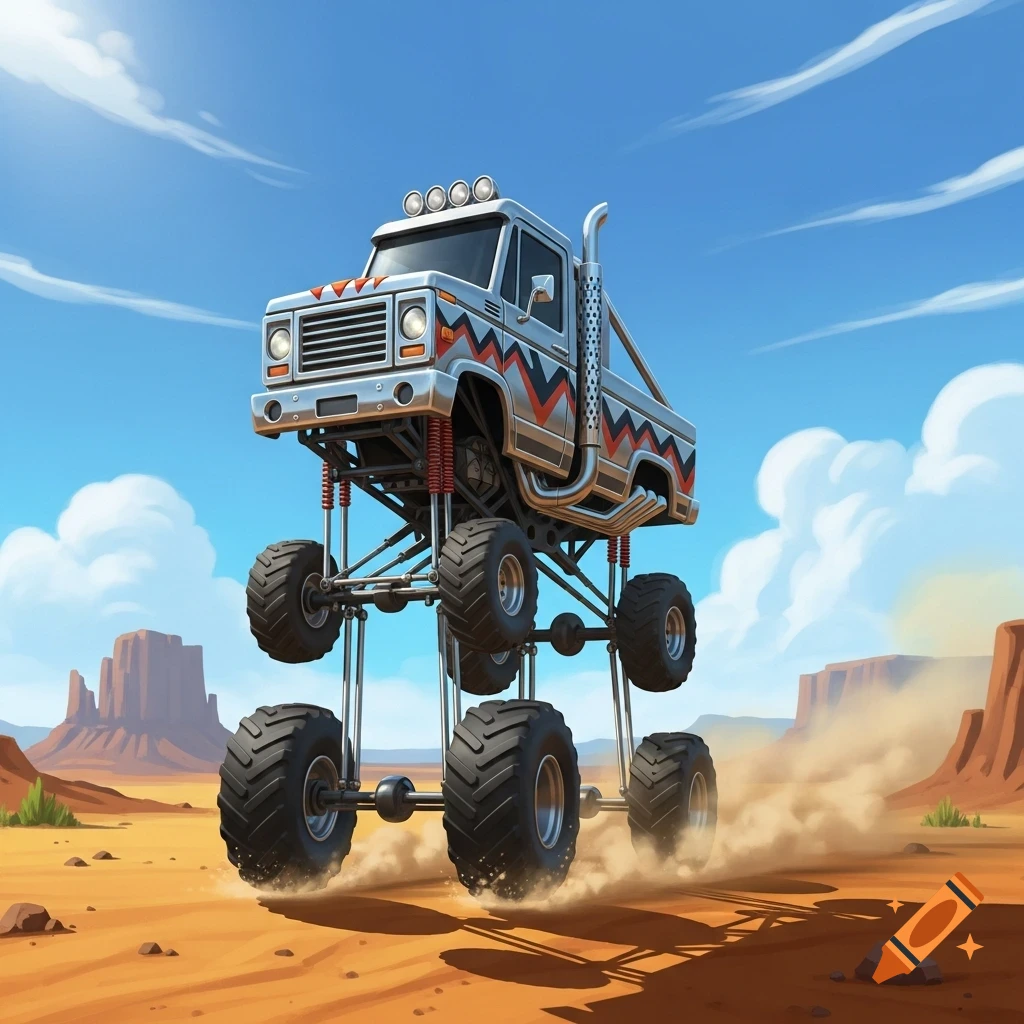 A stylized silver monster truck with large red shocks and small wheels kicks up dust in a desert landscape with mesas under a blue sky.