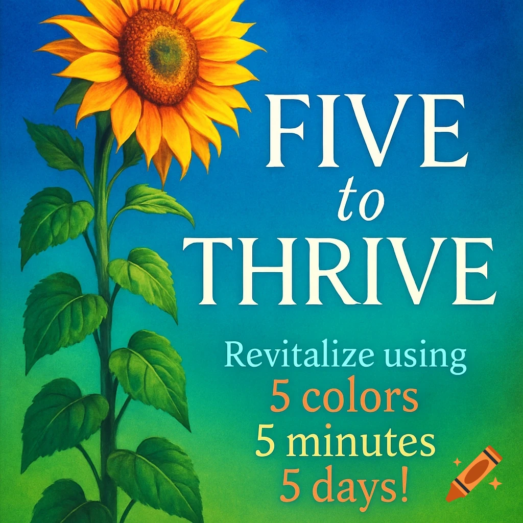 A book cover with a vibrant sunflower on a blue-green gradient. Text reads 'FIVE to THRIVE' and 'Revitalize using 5 colors 5 minutes 5 days!'