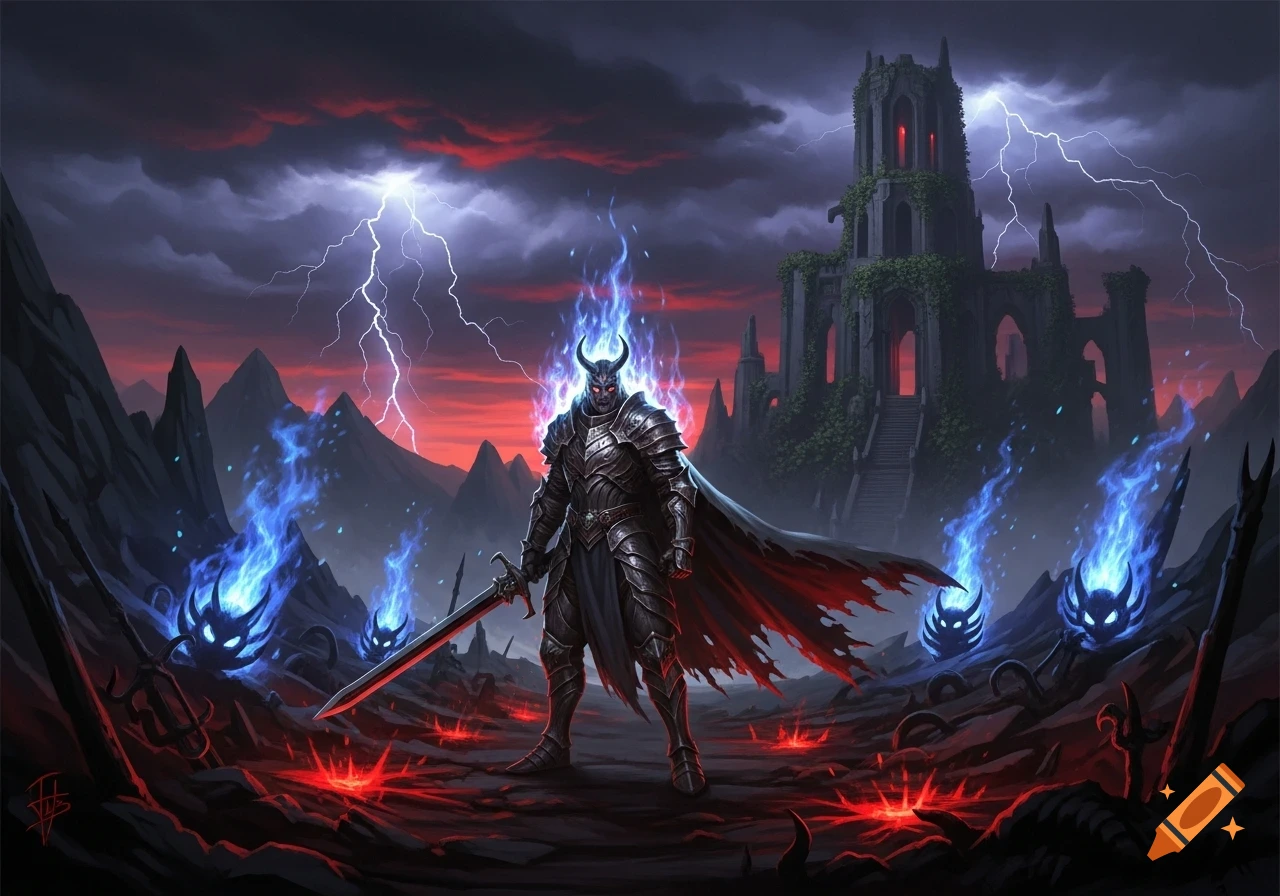 Demonic knight in dark armor with glowing eyes and blue flames, holding ...