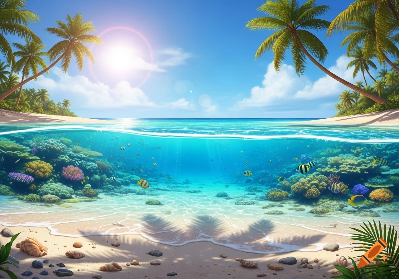 Split view of a vibrant tropical beach with palm trees, clear blue ocean, and a colorful coral reef with fish underwater.