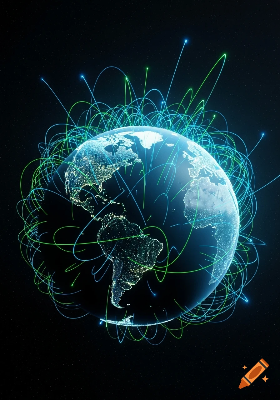 A digital illustration of a glowing Earth at night with blue and green light trails representing global connections.