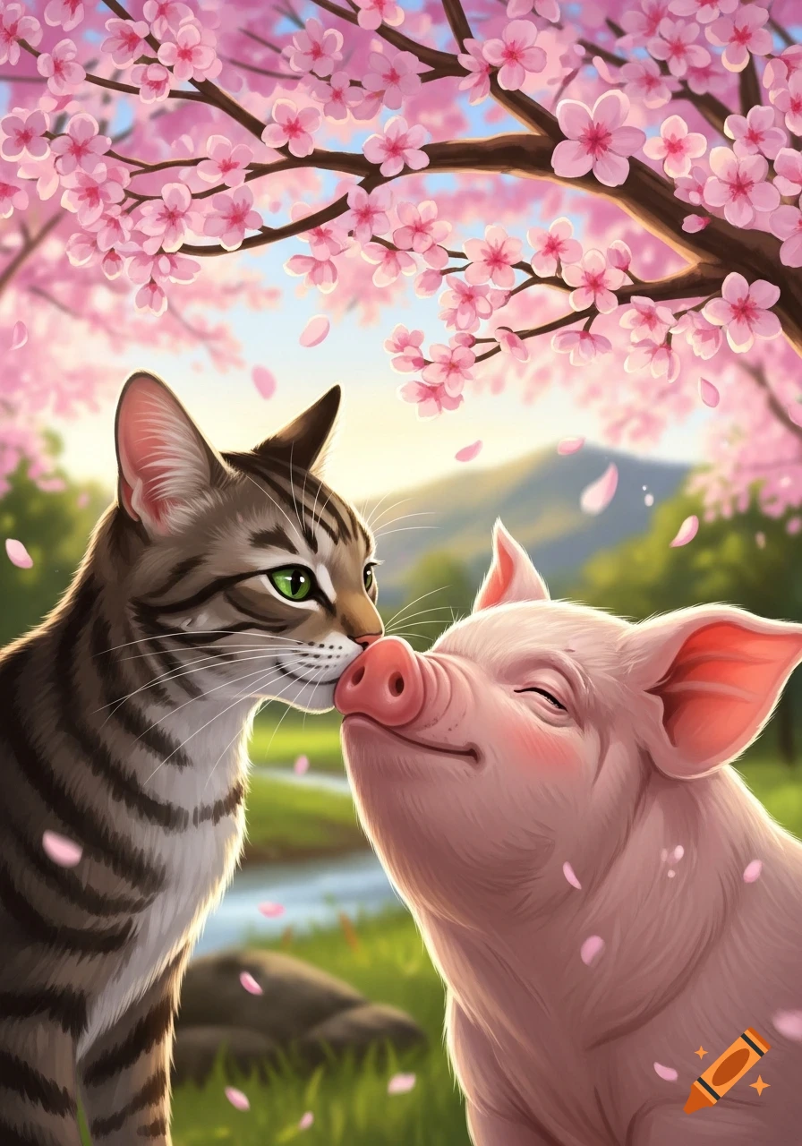 A tabby cat and a pink pig touching noses under a cherry blossom tree, in a vibrant digital illustration style.