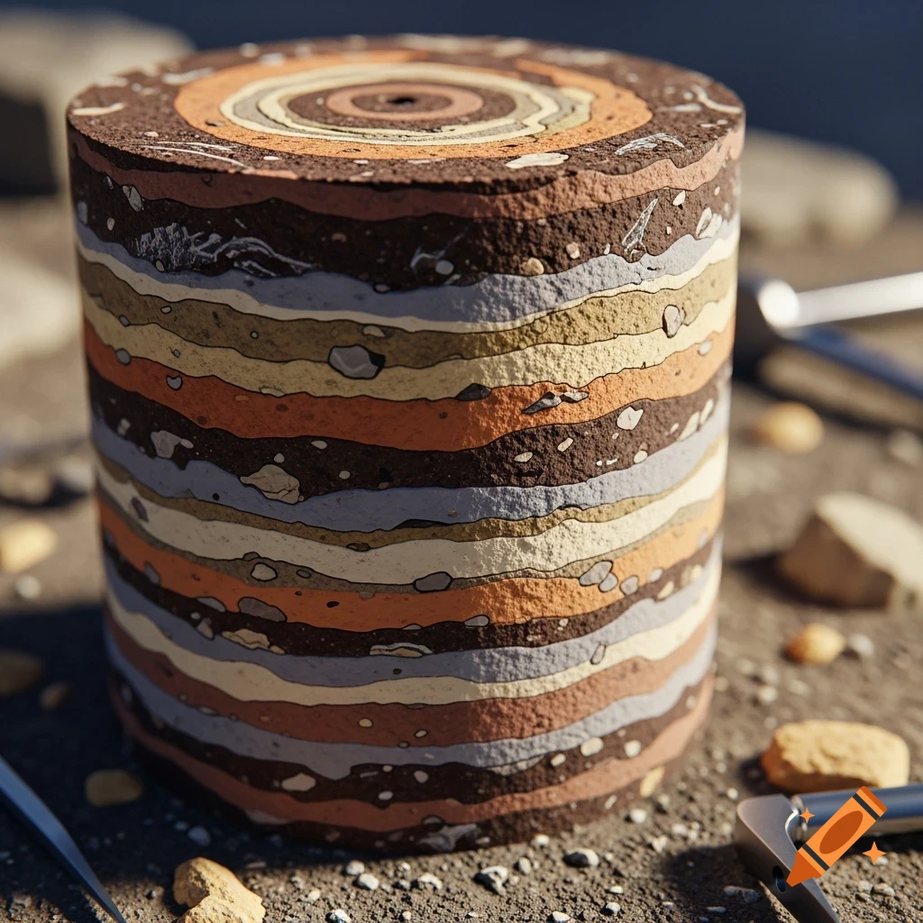 Close-up of a cylindrical sediment core showing many distinct layers of different colored earth and rocks, on a rocky ground with tools.
