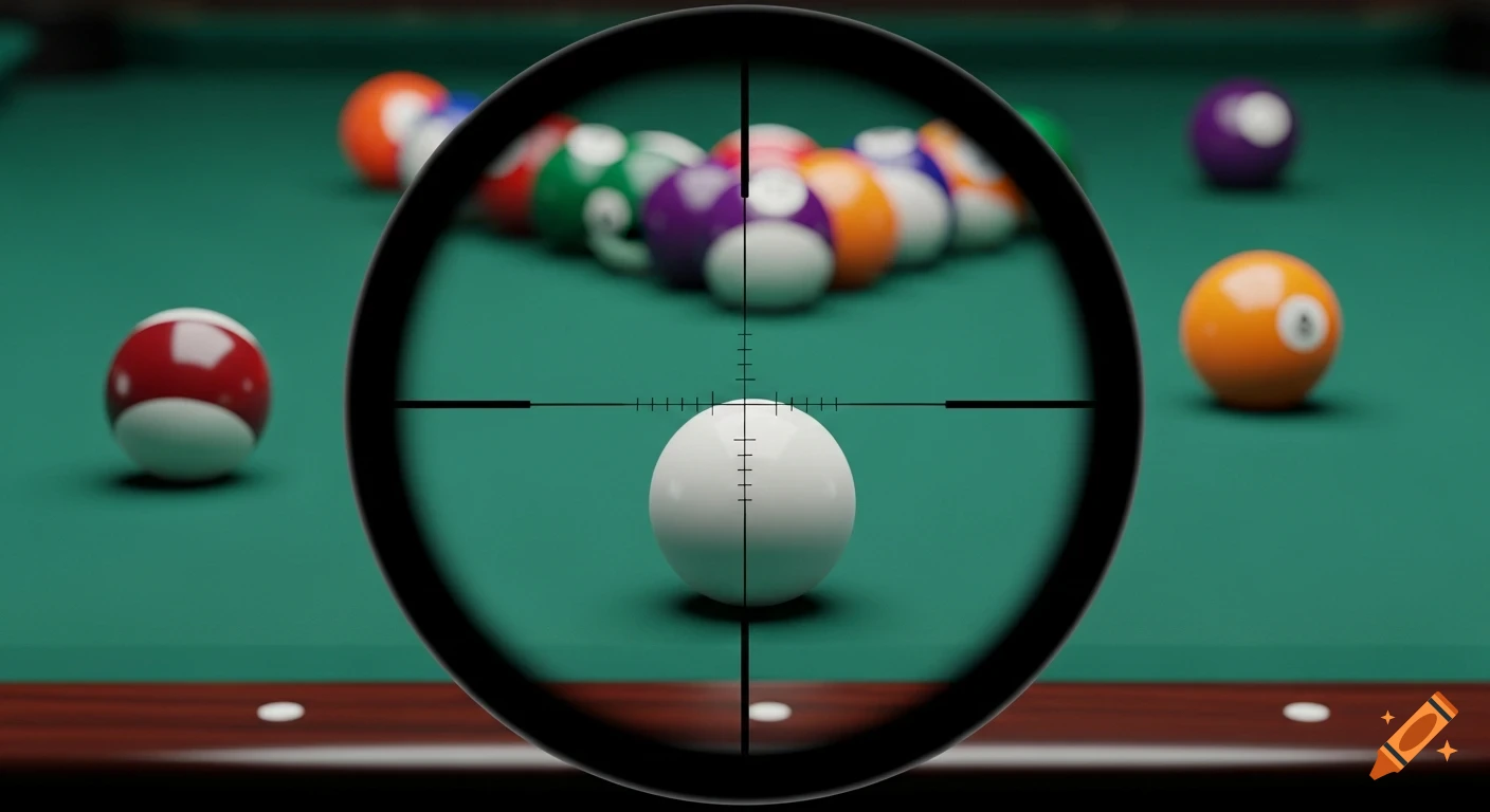 A sniper's crosshairs focused on a white cue ball on a green billiard table, with other blurry pool balls in the background.