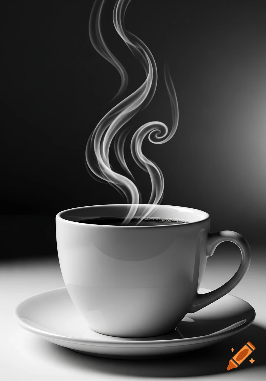 Black and white close-up of a white coffee cup with steaming hot coffee on a saucer against a dark, dramatic background.