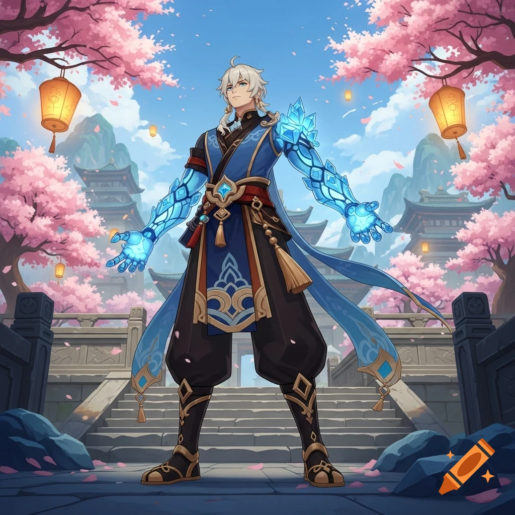 A white-haired male anime character in a blue and black outfit with glowing blue crystal arms stands on stone steps surrounded by cherry blossom trees and temples.