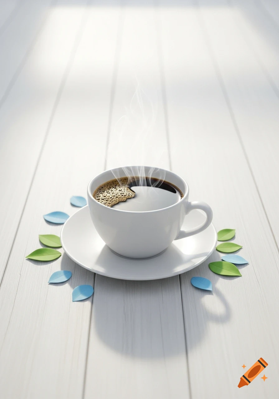A steaming cup of coffee on a white wooden surface, surrounded by green and light blue paper leaves, under soft natural light.
