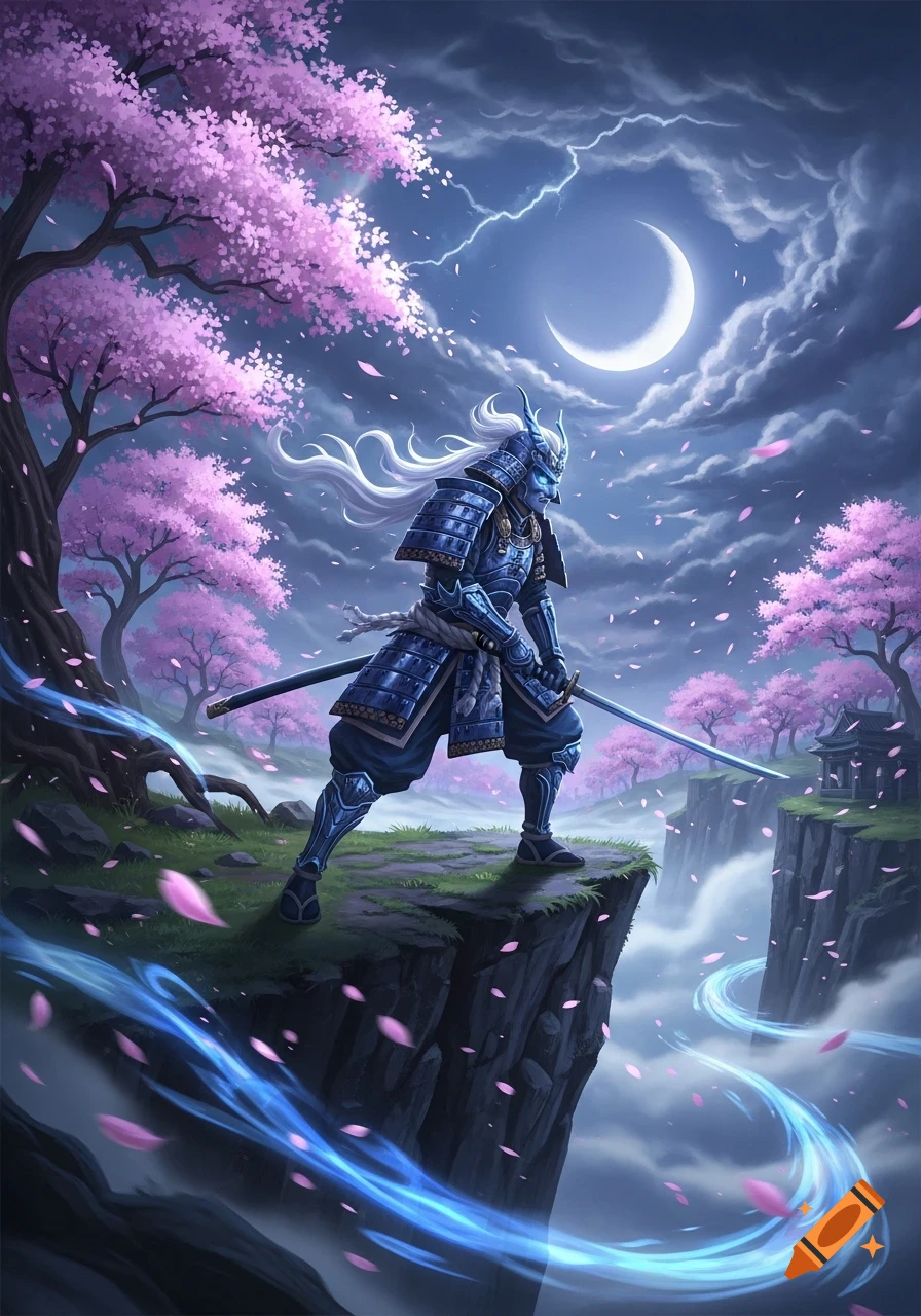Blue armored samurai warrior on a cliff with a katana, under a crescent moon and stormy sky, with pink cherry trees and blue mystical energy.