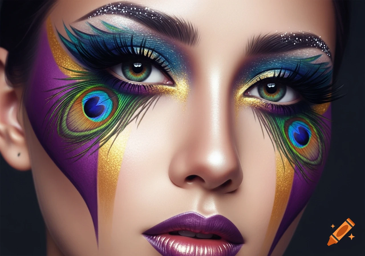 Close-up of a woman's face with elaborate peacock-inspired makeup in purple, teal, gold, and green.