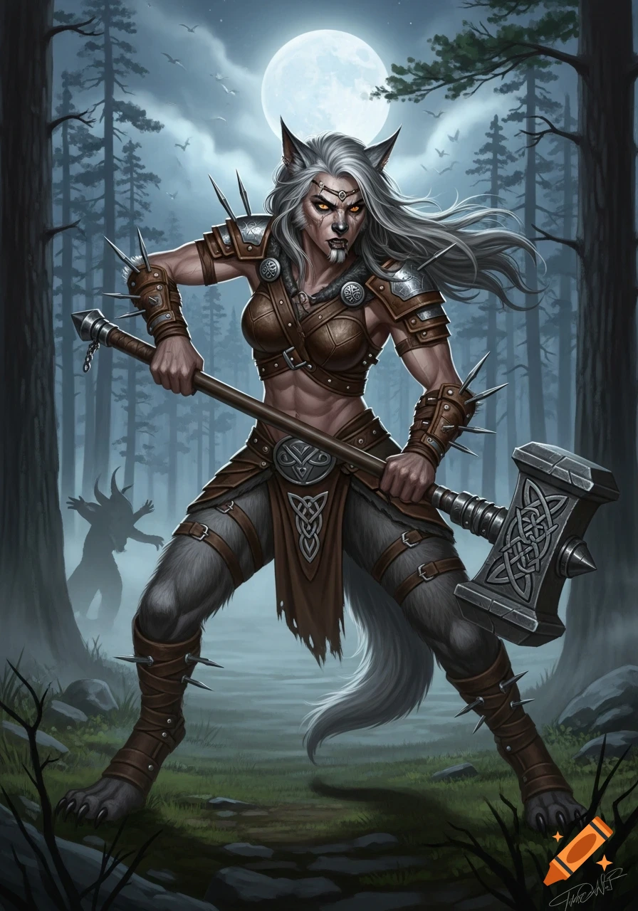 A powerful grey-haired werewolf woman in leather armor holds a large warhammer in a moonlit forest. Digital art.