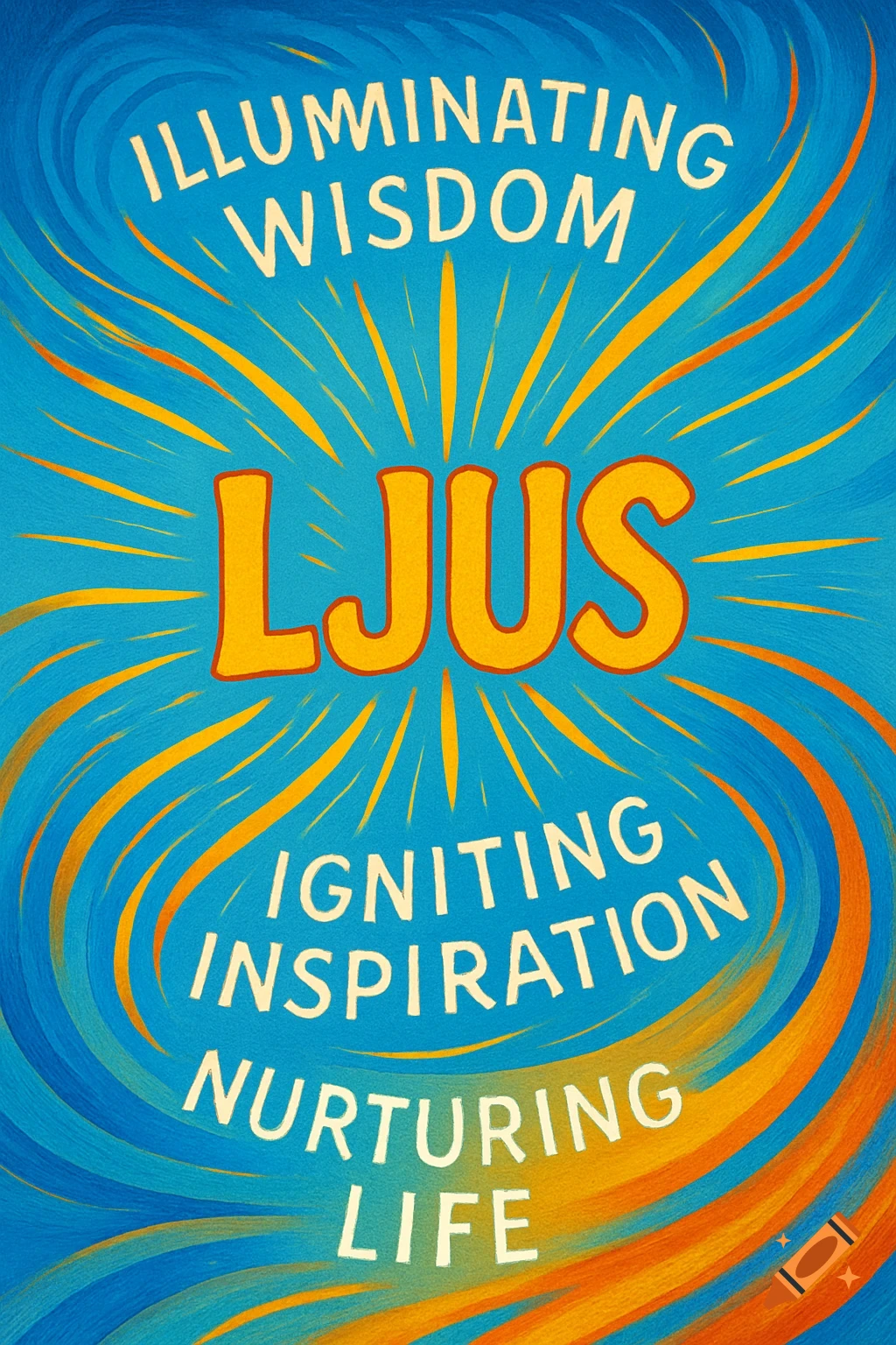 Vibrant abstract art with text 'LJUS', 'Illuminating Wisdom', 'Igniting Inspiration', 'Nurturing Life' on a blue and orange radiating background.