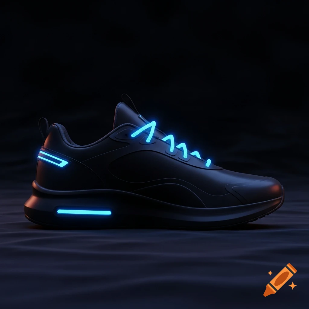 A black trainer with bright blue glowing laces and a glowing line along the sole, set against a dark background.