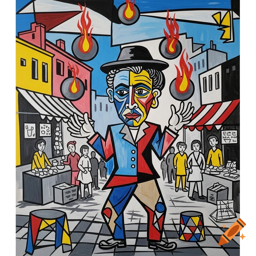 A vibrant Cubist painting of a juggler with a split-face performing in a bustling street market scene, inspired by Pablo Picasso.