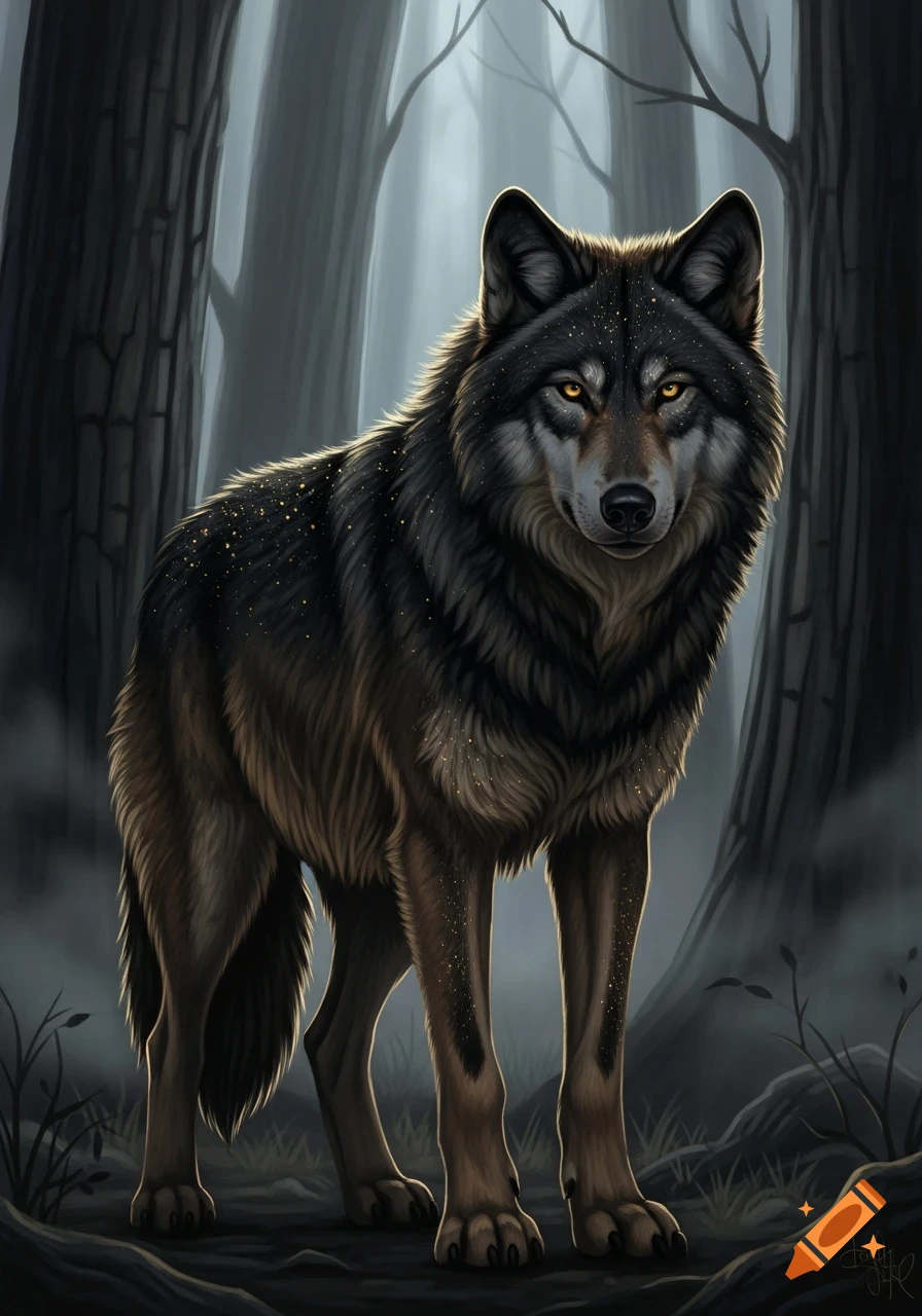 A painting of a black and brown wolf with golden speckles and glowing yellow eyes standing in a dark, misty forest.
