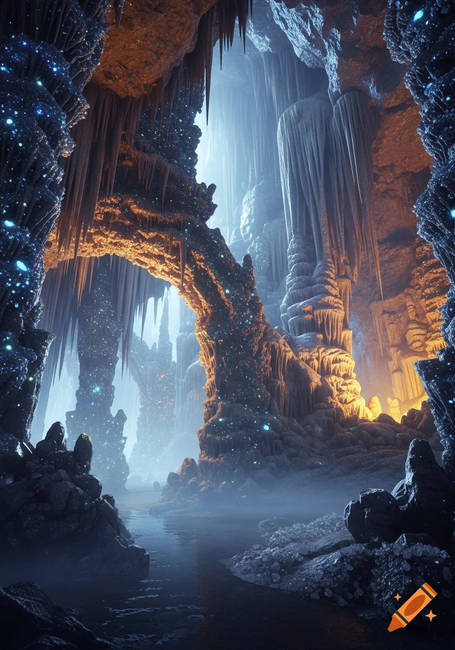 A glowing fantasy crystal cave with stalactites, stalagmites, and a stream, illuminated by blue and orange light.