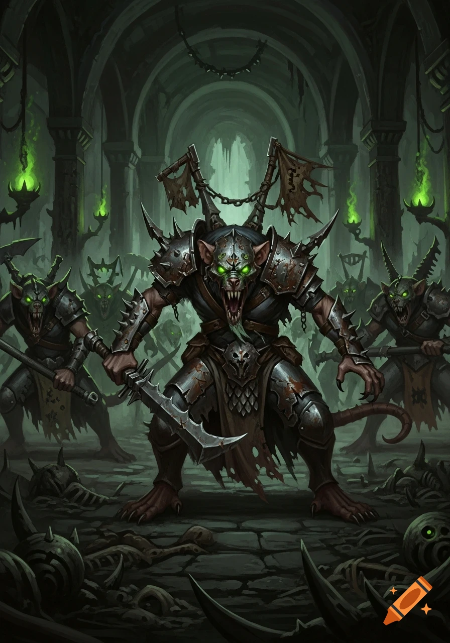 A menacing Skaven warrior in spiked armor with glowing green eyes stands in a dark gothic dungeon, surrounded by other rat-men and bones.