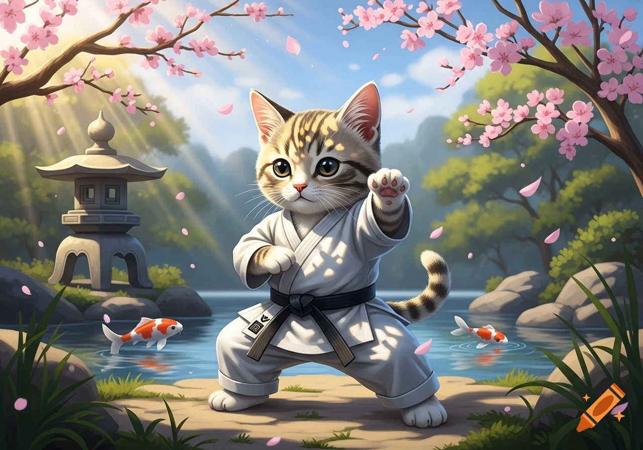 A cute tabby cat in a white karate gi poses in a Japanese garden with cherry blossoms, a stone lantern, and koi fish.