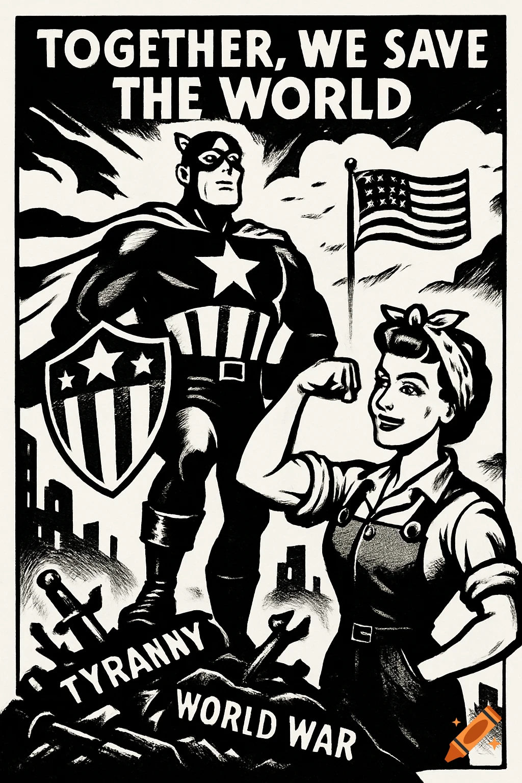 Black and white 1940s comic book style propaganda poster with a superhero and Rosie the Riveter. Text: 'Together, We Save the World'.