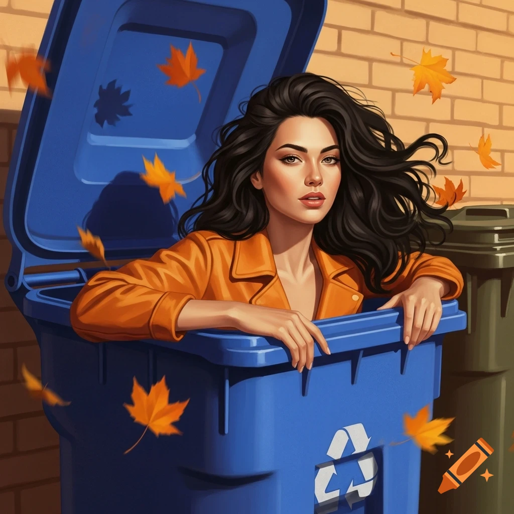 A woman with long dark hair, wearing an orange jacket, emerges from a blue recycling bin, with autumn leaves falling around her.