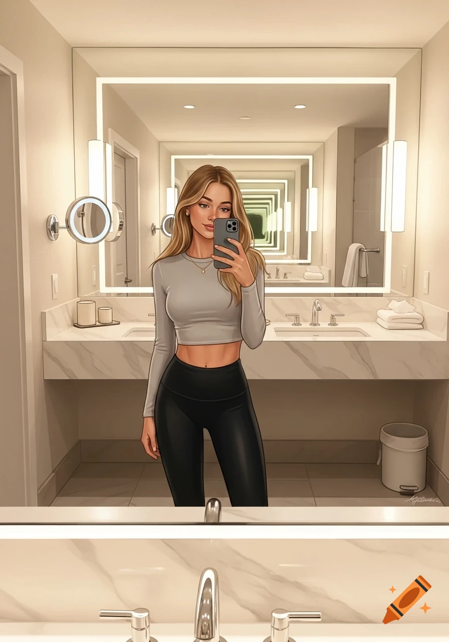 Stylized illustration of a blonde woman in a crop top and leggings taking a mirror selfie in a modern bathroom.