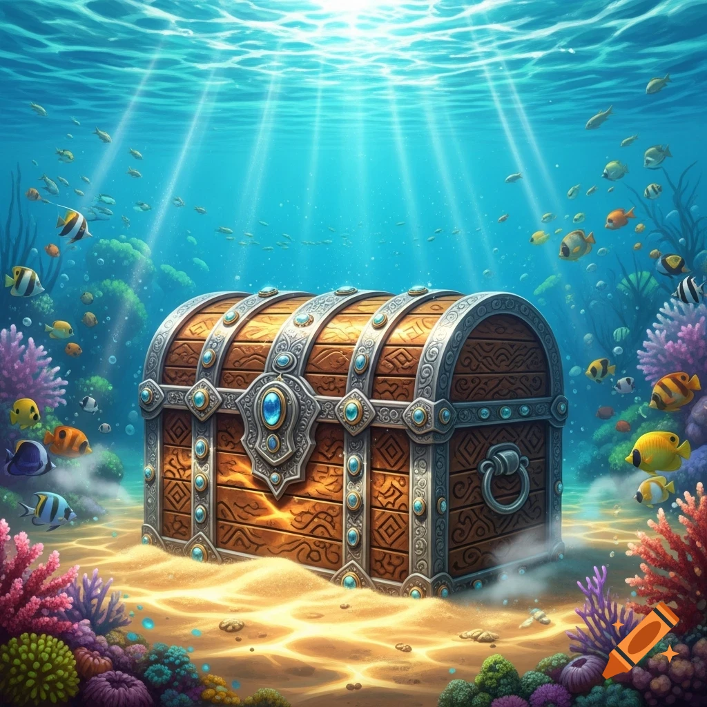 A detailed, ornate treasure chest rests on a sandy seabed, surrounded by colorful coral and tropical fish, illuminated by sunbeams from above.