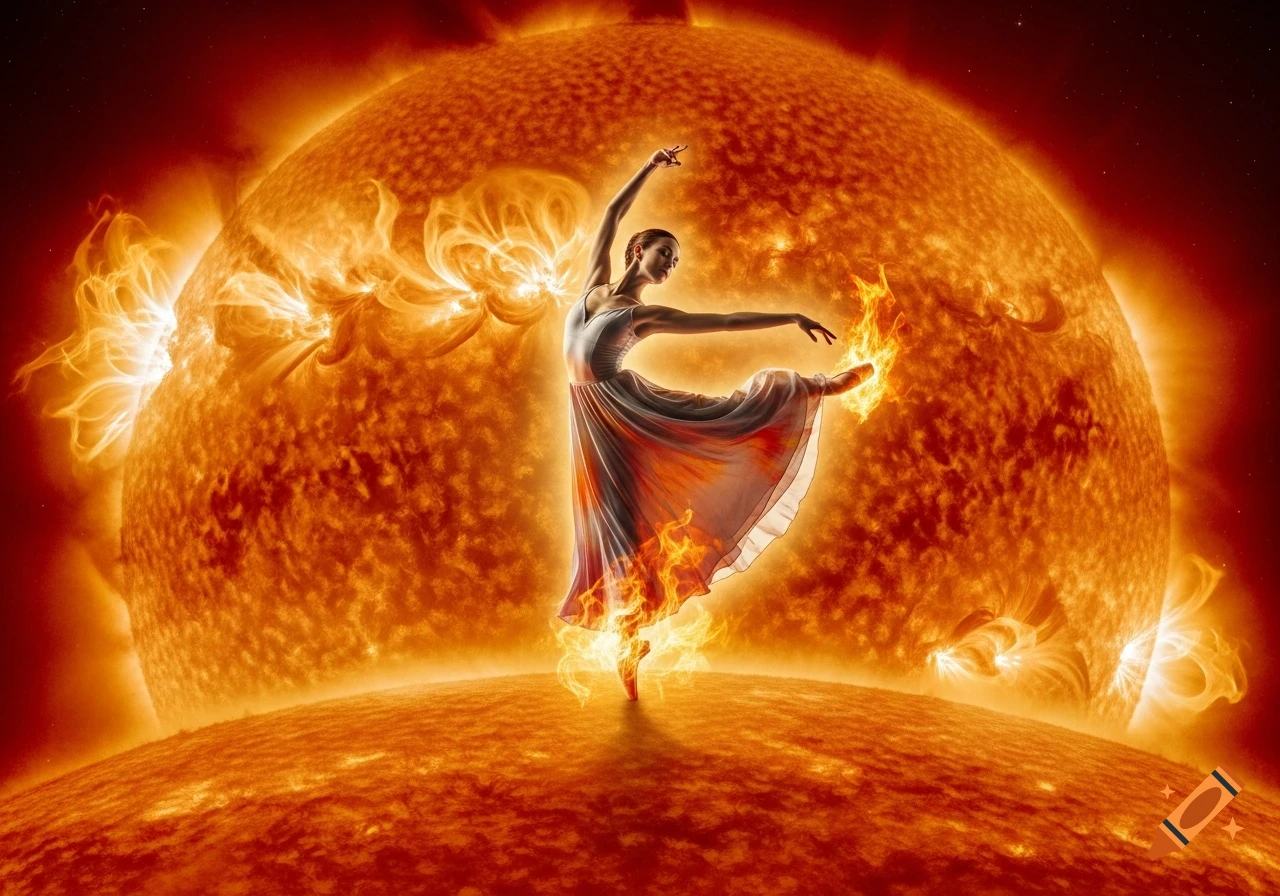 Photorealistic ballerina dancing gracefully on the bright, fiery surface of the sun.