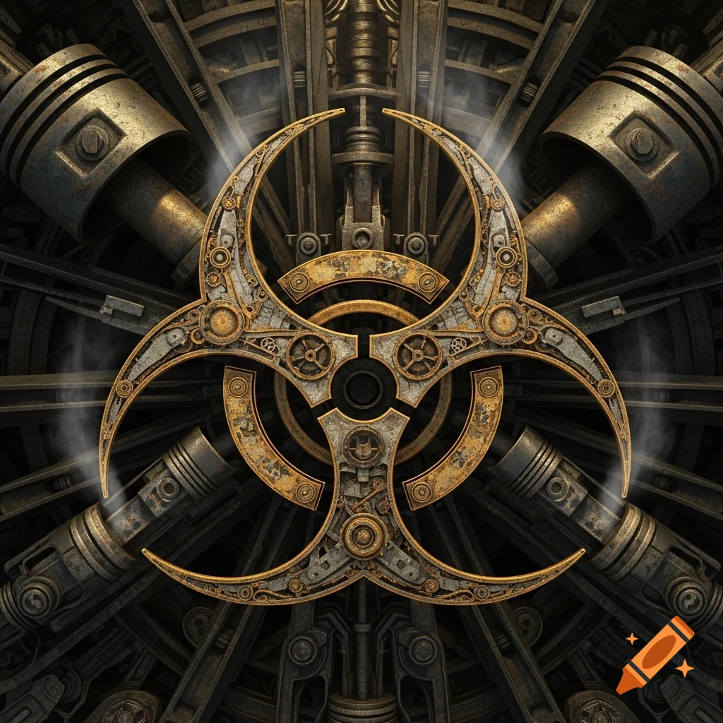 A golden and rusty mechanical biohazard symbol made of gears and pistons against a dark, intricate industrial background.