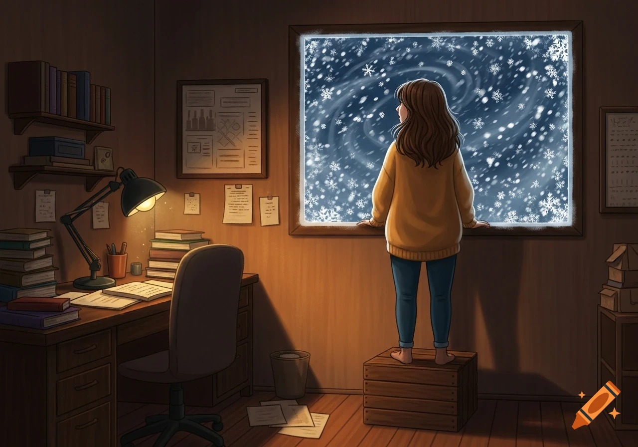 An illustrated scene of a woman standing on a box, looking out of an office window at a heavy snowstorm.