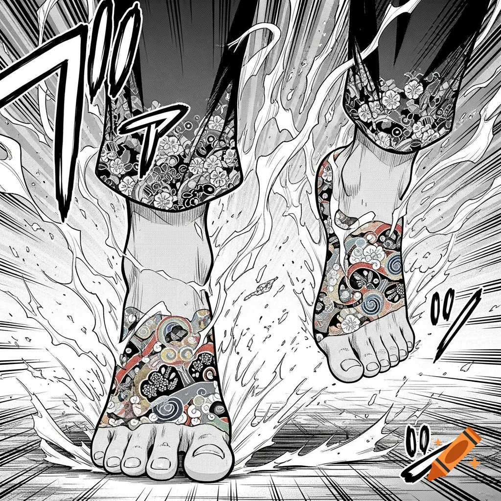 A close-up manga illustration of two tattooed feet stepping into water, with dramatic splash effects and speed lines.