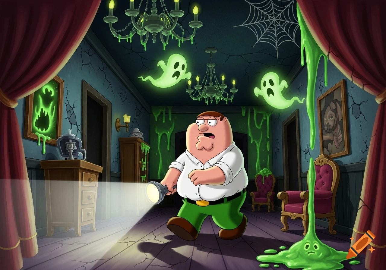 Peter Griffin, looking scared, explores a dark, slime-covered haunted mansion with a flashlight, surrounded by glowing green ghosts.